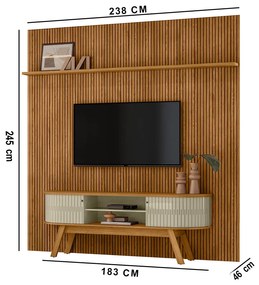 Painel TV 75 Pol 238cm Ripado Kalven com Rack Bancada Enzari Cumaru/Opala M20 - D'Rossi