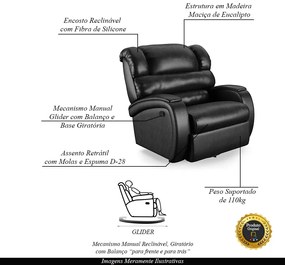 Poltrona do Papai Sala de Cinema Reclinável Kylie Glider Manual Giratória PU Preto Brilho G23