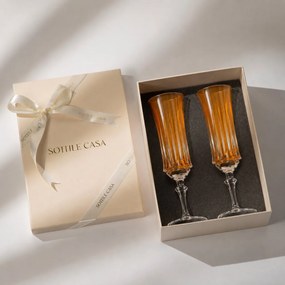 Kit 2 Taças de Cristal Flauta Lapidado 66 p/ Champanhe c/ Caixa de Presente - Amarelo  Amarelo