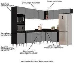Armário de Cozinha Modulada de Canto 8 Peças CP01 Balcão Preto/Cinza -