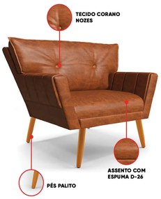 Sofá Namoradeira e 2 Poltronas Pé Palito Madeira Anitta Sintético PU Nozes D03 - D'Rossi