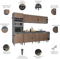 Armário de Cozinha Com Tampo CP07 280cm Pérola Grafite/Freijó Z34 - Mp