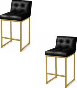 Banqueta Cozinha Alta com Encosto Industrial Kit 2 Dourado Lirina PU C05 - D'Rossi - Preto