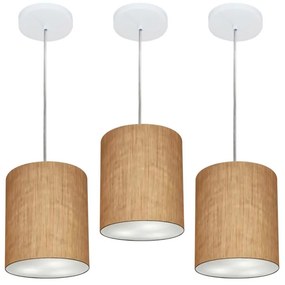 Kit/3 Lustre Pendente Cilíndrico Md-4012 Cúpula em Tecido 18x25cm Palha - Bivolt