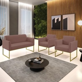 Sofá Namoradeira com 2 Poltronas Base Industrial Dourado Marisa Veludo D03 - D'Rossi - Rose