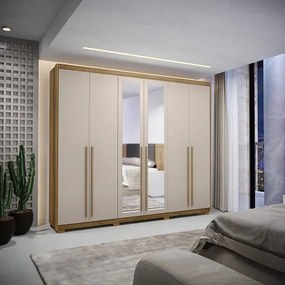 Guarda Roupa Com Espelho Dubai Majestic 6 Portas e 3 Gavetas Nature/Fendi - Vila Rica Móveis
