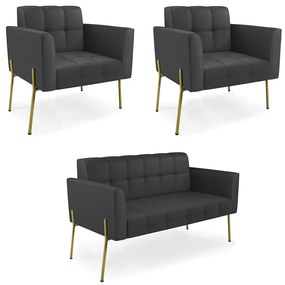 Sofá Namoradeira e 2 Poltronas Pé de Ferro Dourado Elisa Corino D03 - D'Rossi - Preto