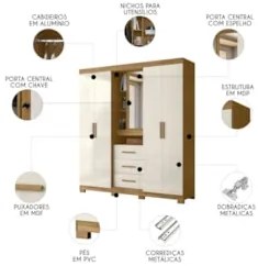 Guarda Roupa Casal 195cm Com Espelho Cieza Freijó/Off Z17    - Mpozena