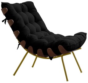 Poltrona Decorativa Sala de Estar Abel Base de Madeira Dourada Veludo Preto G41 - Gran Belo