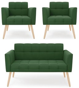 Kit 1 Sofá Namoradeira e 2 Poltronas Elisa Suede Verde Pés Palito Natural - D'Rossi