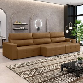 Sofá Retrátil 5 Lugares 344cm 3 Módulos Nero com USB Couro Caramelo G52 - Gran Belo