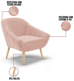 Kit 01 Namoradeira 02 Lugares e 01 Poltrona Giovana Veludo Pés Palito Natural D03 - D'Rossi - Rose