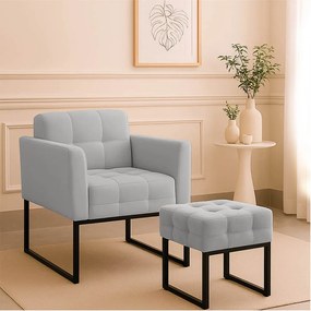 Poltrona Sala e Puff Decorativo Industrial Elisa Suede D03 - D'Rossi - Cinza