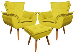 02 Poltronas e 01 Puff Pé Palito de Madeira Opala Suede - Amarelo