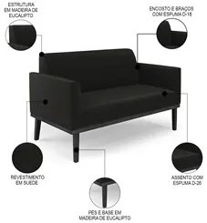 Sofá Namoradeira Base Madeira Preto Maressa Suede Preto - Ibiza
