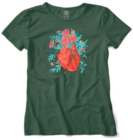 Camiseta Baby Look Coração Florido de Amor - Verde Musgo - GG