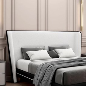 Cabeceira Design para Cama de Casal Torres Pés em Madeira PU/Bouclê Preto/Off White G91 - Gran Belo