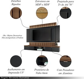 Painel Home Suspenso 2.2 para TV até 70 MDP/MDF com Fita LED Shawn Preto/Castanho G26 - Gran Belo