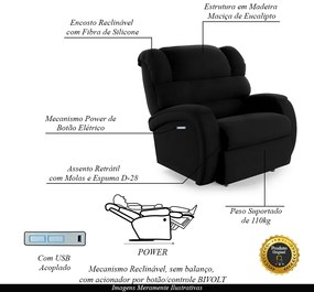 Poltrona do Papai Sala de Cinema Reclinável Kylie Elétrica Botão com Led USB Veludo Preto G23