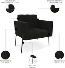 Poltrona Para Sala Pé Metal Preto Kit 2 Ana Suede Preto - Ibiza