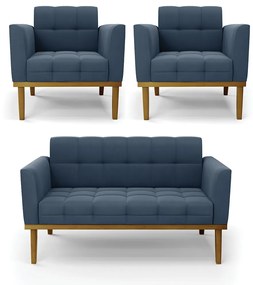 Namoradeira com 2 Poltronas Base de Madeira Castanho Elisa Suede D03 - D'Rossi - Azul Marinho