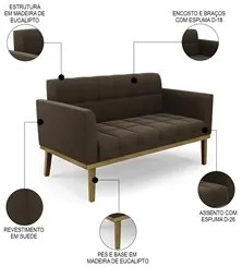 Sofá Namoradeira e 2 Poltronas Base Madeira Castanho Ana Suede Marrom