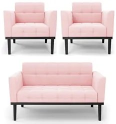 Sofá Namoradeira e 2 Poltronas Base Madeira Preto Ana Suede Rosa Bebê
