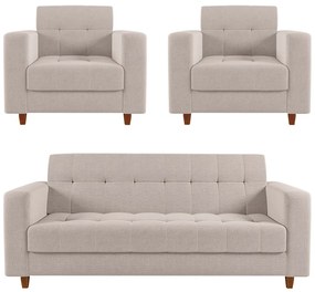 Kit 01 Sofá 3 Lugares e 02 Poltronas Arezzo Linho Pés Chanfrado Castanho - D'Rossi - A19 Bege