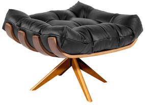 Poltrona com Puff Giratório Costela Couro Preto Base de Madeira MA30 M11 - D'Rossi