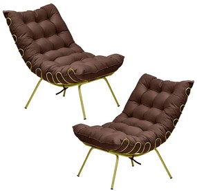 Kit 2 Poltronas Decorativas Sala de Estar Abel Base de Ferro Dourada Suede Chocolate G41 - Gran Belo