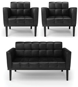Conjunto 2 Poltronas e 1 Namoradeira Decorativa Karen Pés Fixo em Madeira PU Preto Brilho G19 - Gran Belo