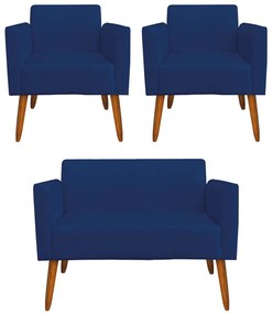 Conjunto Namoradeira e 2 Poltronas Decorativas Isabella Pés Palito Madeira Suede Azul Marinho G19 - Gran Belo