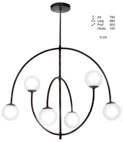 Plafon Mixed Curvo Haste Fixa 50X68X79Cm Globo Ø10Cm 6Xg9 - Old Artisa... (PRETO / COBRE BRILHO, FOSCO (Branco))