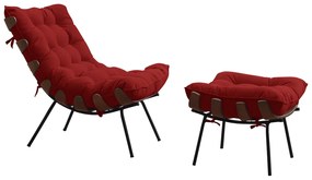 Conjunto Decorativo Poltrona e Puff Abel Base de Madeira Preto Veludo Vermelho G41 - Gran Belo