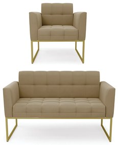 Kit 1 Sofá Namoradeira e 1 Poltrona Elisa Suede Base Metálica Industrial Dourado - D'Rossi - Marrom Rato