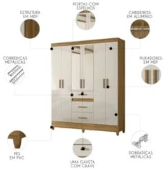Guarda Roupa Casal 165cm Com Espelho Tati Freijó/Off Z17     - Mpozena