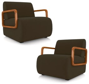 Kit 2 Poltronas Decorativa Sala de Estar Odessa Braços em Madeira Veludo Marrom G33 - Gran Belo
