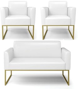 Sofá Namoradeira com 2 Poltronas Base Industrial Dourado Marisa Corano D03 - D'Rossi - Branco
