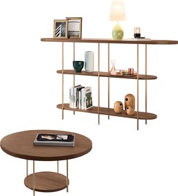 Conjunto Mesa Centro Sky Tampo MDF e Aparador Inifnity com Pés em Aço Castanho G26 - Hb Móveis