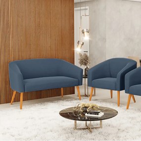 Sofá Namoradeira e Poltrona Pé Palito Castanho Stella Suede D03 - D'Rossi - Azul Marinho