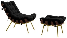 Conjunto Decorativo Poltrona e Puff Abel Base de Madeira Dourada Veludo Preto G41 - Gran Belo