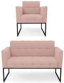Kit 1 Sofá Namoradeira e 1 Poltrona Elisa Veludo Rosê Base Metálica Industrial Preto D03 - D'Rossi