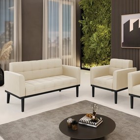 Conjunto Poltrona e Namoradeira Decorativa Karen Pés Fixo em Madeira Preto Suede Bege G19 - Gran Belo