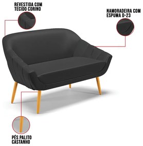 Kit 01 Namoradeira 02 Lugares e 02 Poltronas Giovana Corino Pés Palito Castanho D01 - D?Rossi - Preto