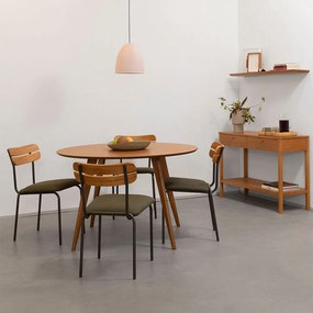 Conjunto Mesa Jantar Square Redonda Louro Freijó - 1,08m + 4 Cadeiras Ribs Sarja - Verde Oliva