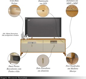 Rack Bancada Duarte com LED Pés em Madeira 160cm TV Até 60 Polegadas Tauari/OffWhite  G77 - Gran Belo