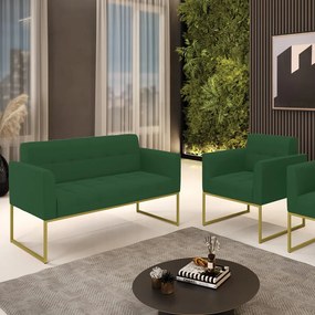 Kit 1 Sofá Namoradeira e 1 Poltrona Elisa Veludo Base Metálica Industrial Dourado - D'Rossi - Verde