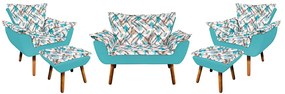Kit 01 Namoradeira com 02 Poltronas e 02 Puffs Opala Composê Suede com Estampado Traçado Azul D33 Pés Palito Castanho - Azul Turquesa