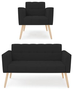 Kit 1 Sofá Namoradeira e 1 Poltrona Elisa Veludo Pés Palito Natural - D'Rossi - Preto