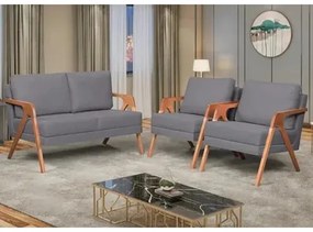 Kit 2 Poltronas + Namoradeira Mona Luxo Madeira Maciça Linho Cinza